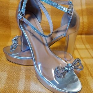 Elegant Silver Women's Heels with Rhinestone Bow